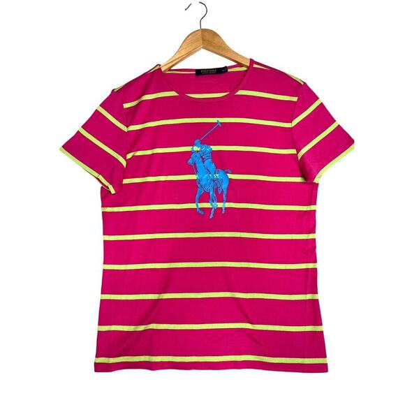 Polo Golf Tops - Polo Ralph Lauren Golf Big Pony Pink Lime Green Stripe Tshirt sz XL Preppy